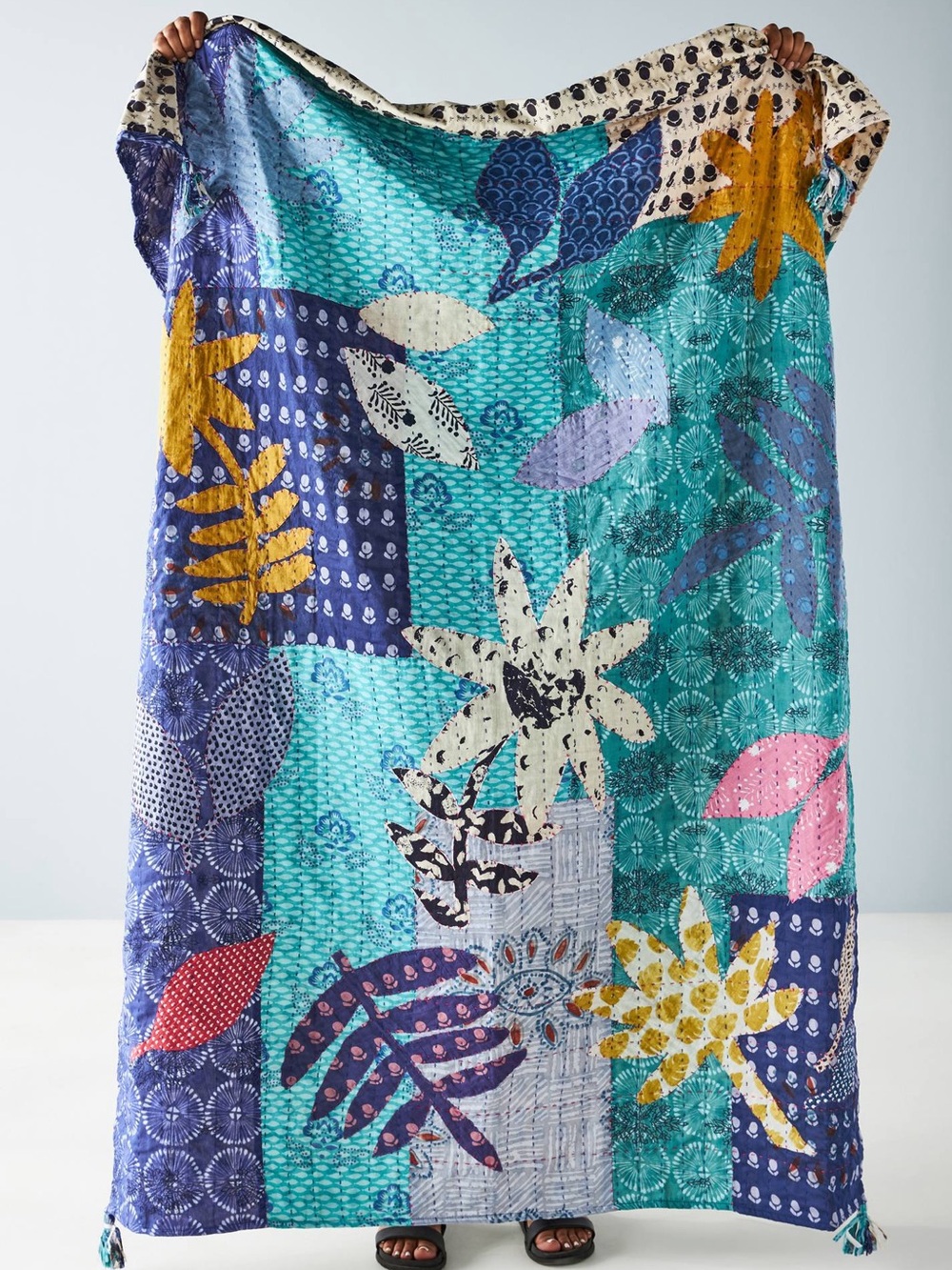 Anthropologie Upcycled Applique Eulabee Throw Blanket - Hand-Stitched Kantha